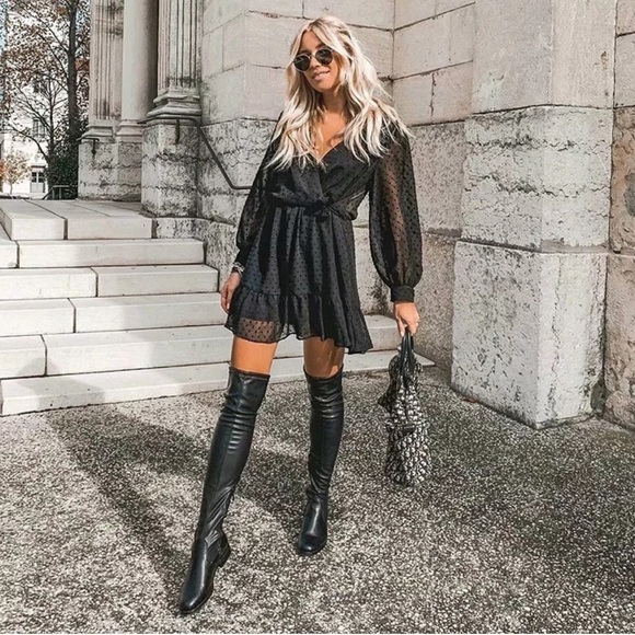 Black SwissDot Side Tie Ruffle Mini Jumpsuit Dress - Picture 7 of 13